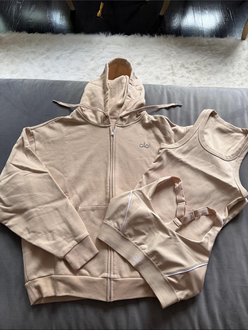 Alo Macadamia Nude Activewear Set - Hoodie, Tank, Sports Bra